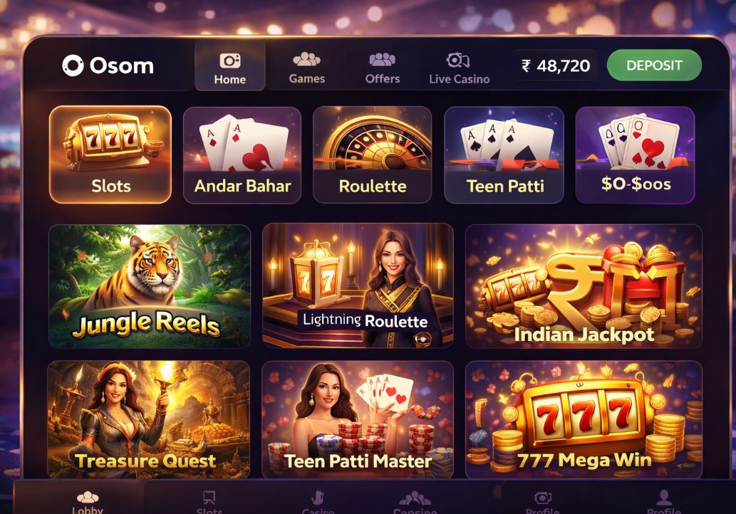 Osom Casino India game lobby with slots, live tables, and mobile-friendly casino categories