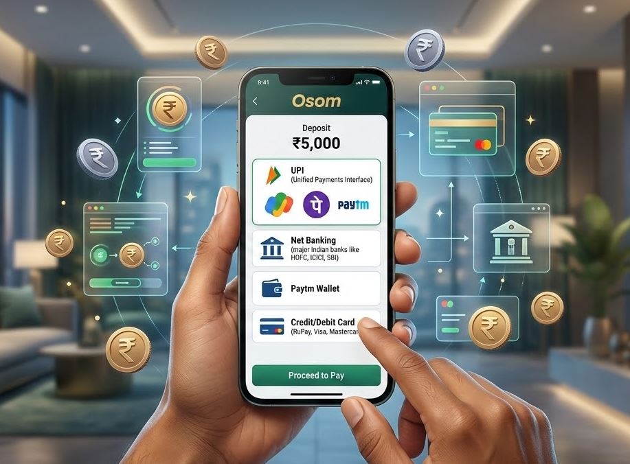 Osom Casino India mobile payment interface showing UPI and wallet options